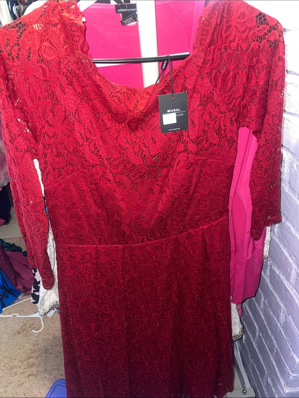 Miusol Red Lace Long Sleeve Fit-and-Flare Dress